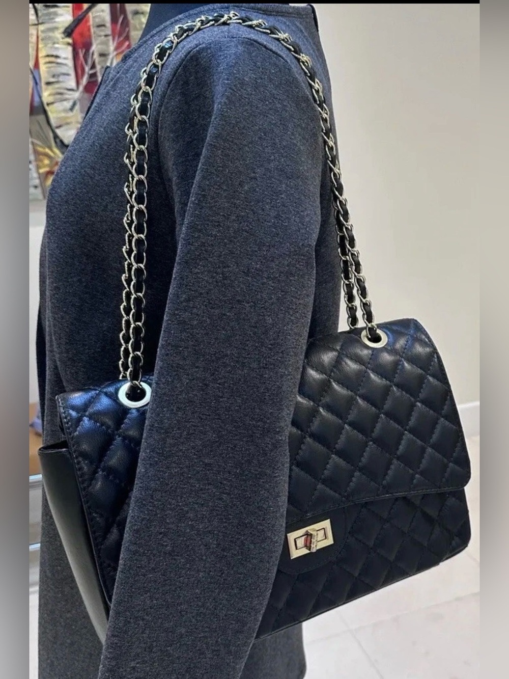 Persaman New York Quilted Black Shoulder or cross body bag with Chain Strap